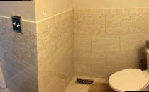 Powder Room Beige Tile Floor & Wall w accent tile 04